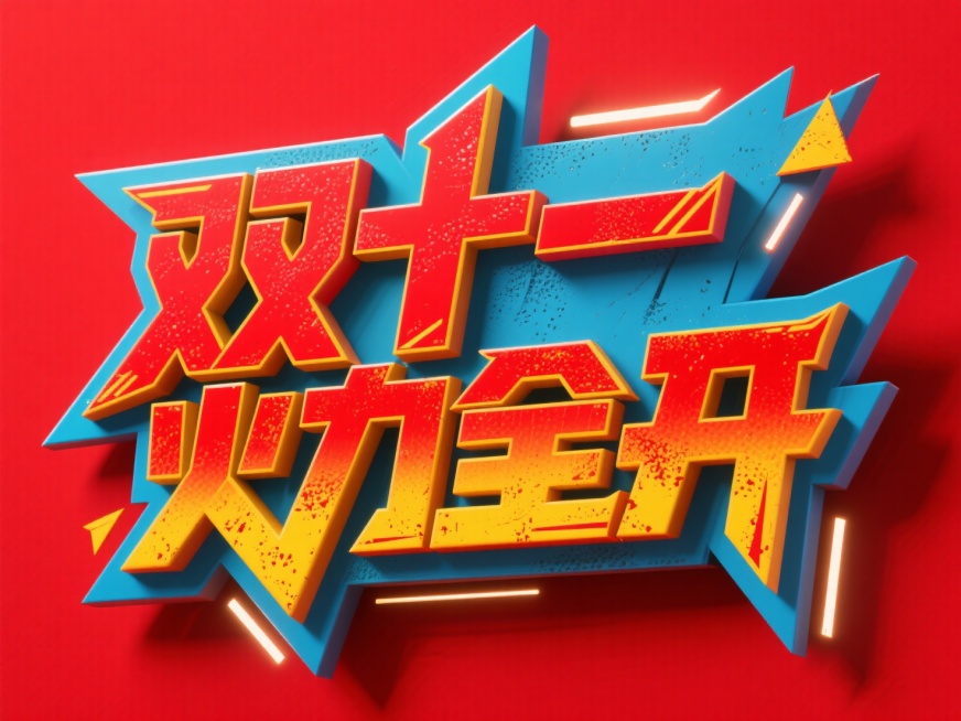 3D尖锐的字体设计，文字“双十一火力全开”，字体采用立体多层轮廓结合做旧颗粒肌理的设计，配色以高饱和红色为主色（中文主字），搭配蓝、黄轮廓线与红黄渐变英文，红色背景；营造出复古活力、充满力量感的国潮宣预览效果