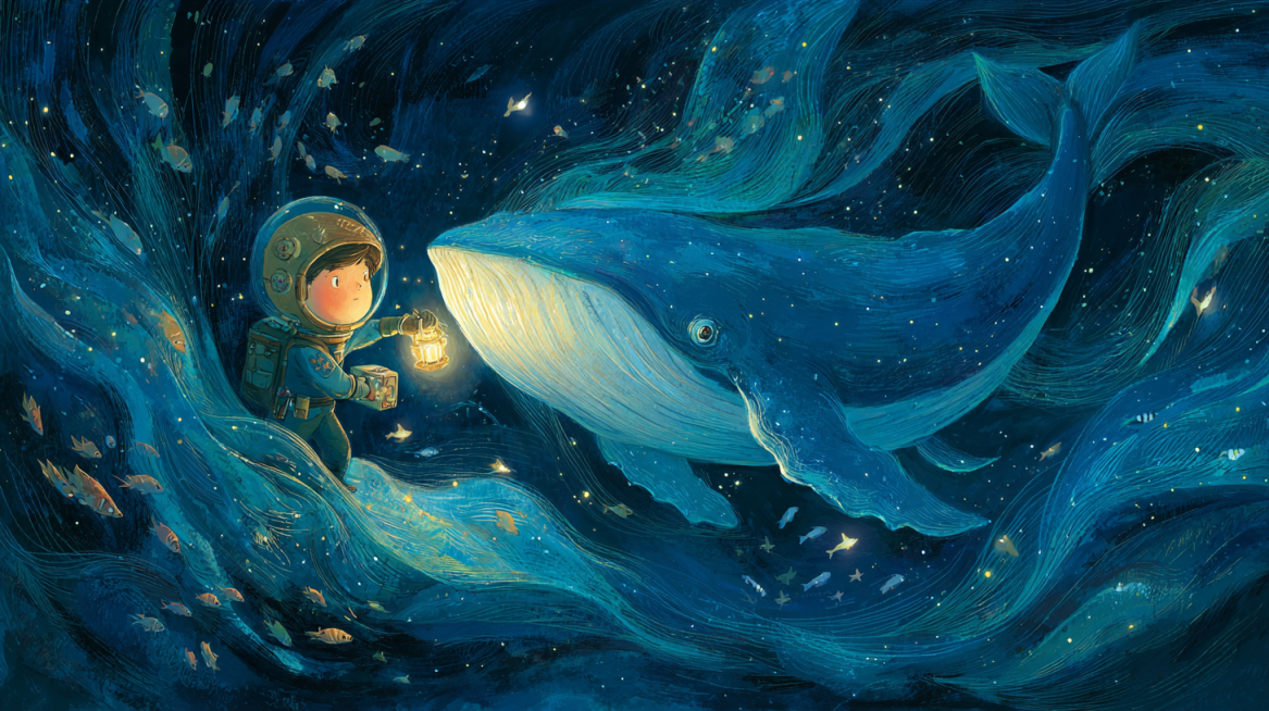 A double-page spread of pure wonder, a curious boy in a diver’s helmet holding a lantern, swimming a预览效果