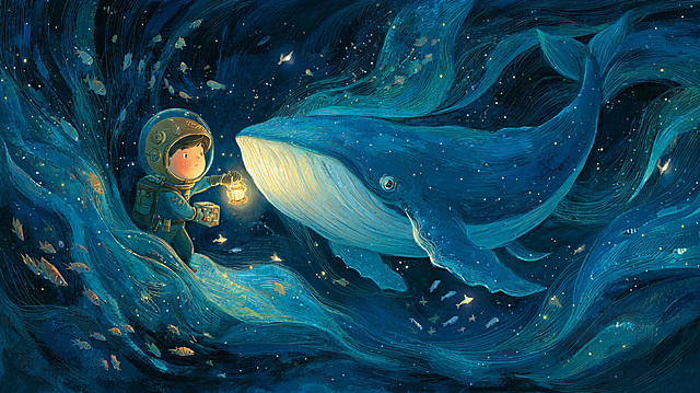 A double-page spread of pure wonder, a curious boy in a diver’s helmet holding a lantern, swimming alongside a gentle, translucent star-whale in a sea of liquid night. The whale’s body is a constellation map, and tiny star-fish orbit around them. Ethereal underwater lighting, deep blues and luminous aqua, flowing compositions, sense of peaceful exploration. Painted in the lyrical style of Shaun Tan or the dreamy texture of Roger Mello.