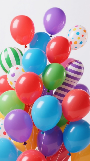 一堆色彩鲜艳、形态各异的气球，有红色、蓝色、绿色、紫色等多种颜色，气球大小不一，有的圆润饱满，有的略微拉长，有的带有条纹图案，有的点缀着彩色斑点，它们随意地簇拥在一起，悬浮在纯白色的背景上，每个气球都具有光滑的质感和明亮的光泽，光影效果自然，高光和阴影过渡柔和，营造出欢快、活泼、充满节日氛围的视觉效果。预览效果