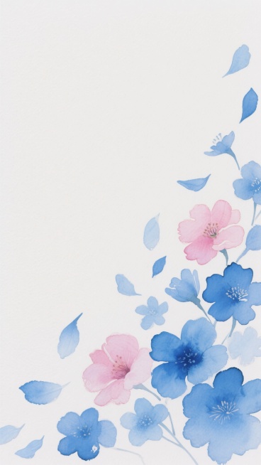 水彩风格插画，以纯净的白色为背景，右下角区域分布着大小不一、形态自然的花朵和花瓣，保持水彩特有的透明晕染质感、柔和的边缘过渡以及轻盈通透的笔触特征，整体构图呈现出自然散落的视觉效果，营造出清新、浪漫、飘逸的氛围，将原有的粉色系花朵和花瓣改变为纯净的蓝色系，从浅蓝到深蓝的渐变层次丰富，保持与原图一致的水彩晕染效果和轻盈感预览效果