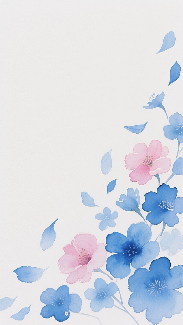 水彩风格插画，以纯净的白色为背景，右下角区域分布着大小不一、形态自然的花朵和花瓣，保持水彩特有的透明晕染质感、柔和的边缘过渡以及轻盈通透的笔触特征，整体构图呈现出自然散落的视觉效果，营造出清新、浪漫、飘逸的氛围，将原有的粉色系花朵和花瓣改变为纯净的蓝色系，从浅蓝到深蓝的渐变层次丰富，保持与原图一致的水彩晕染效果和轻盈感