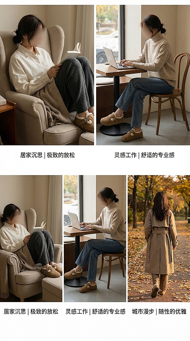 视觉概念： 将产品融入目标客群的真实生活场景，提供穿搭灵感。

画面构图：

本屏由3-4个横向滑动或并排的场景卡片组成。

场景A（居家/书房）： 模特（不露脸或侧脸）身着宽大的米白色棉麻衬衫和深灰色针织裤，蜷坐在躺椅上，双脚踩在鞋里，腿上盖着毯子，正在阅读。标签文案：居家沉思 | 极致的放松

场景B（工作室/咖啡馆）： 模特穿着燕麦色高领毛衣和直筒牛仔裤，坐在咖啡馆窗边用笔记本电脑，鞋子自然穿在脚上，营造一种轻松的工作状态。标签文案：灵感工作 | 舒适的专业感

场景C（周末漫步）： 模特穿着长款风衣和同色系西裤，在秋日落叶的公园小径上漫步，背影镜头，突出整体松弛有型的搭配。标签文案：城市漫步 | 随性的优雅

核心目的： 强烈的生活方式暗示，展示产品的多场景适用性和搭配潜力。