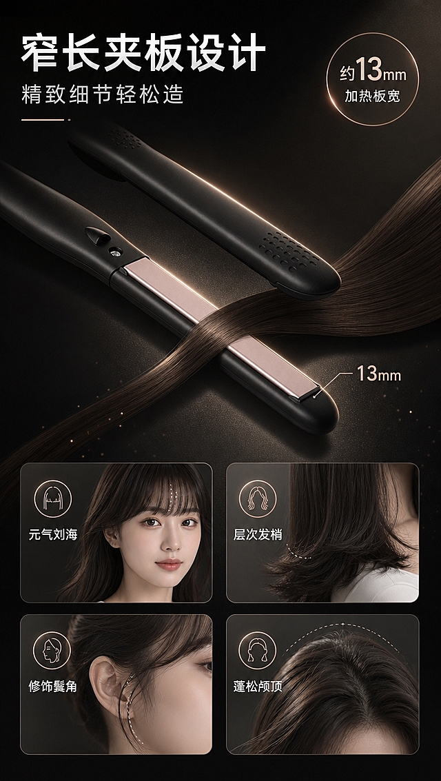 [商品] 使用【图2】【图8】烫发板窄面板特写；保留13mm宽度玫瑰金陶瓷面板、窄长夹板设计、面板边缘弧度、黑色机身。
[画面] 目标：13mm窄面板设计优势展示。构图：窄长夹板斜向放置占画面中央，面板宽度标注引线标注「13mm」，下方4个造型效果小图2x2排列，产品占画面50%，发丝穿过夹板示意精细造型。
[视觉] 套系策略：风格=深色科技轻奢商业摄影；标题字=现代无衬线粗黑体；正文字=简洁无衬线体；主色=深邃炭黑；背景延展=基于深炭黑做深浅渐变、同色系明暗层次和细腻磨砂金属质感；强调色=玫瑰金/香槟金，仅用于小面积图标、引线、标签和局部光效；标题色=纯白；正文色=浅银灰；组件=圆角半透明信息卡、细线引线、发光粒子；光影=右前侧暖金柔光+产品轮廓背光。
[文字] 顶部主标题「窄长夹板设计」，副标题「精致细节轻松造」，右上角圆形标注「约13mm 加热板宽」，下方4个造型分别为「元气刘海」「层次发梢」「修饰鬓角」「蓬松颅顶」，文字横排。
[规格] 图片比例9:16竖版，4K分辨率，避免变形、错字、文字过小、冷蓝背景、产品颜色改变、结构失真、绝对化用语。