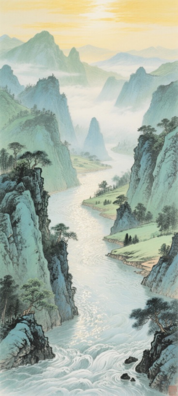 蜿蜒的河流穿越大峡谷，两岸是层叠的奇峰（以青绿、蓝黄为主色调），山间点缀着树木与平缓的谷地，远景是朦胧的山峦与云雾，天空透出暖黄的光线，国画风格预览效果