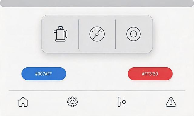 水泵控制界面背景图片，完全按照苹果 iOS/iPad 简约风格设计，纯白浅灰底，圆角，细线条，无多余装饰，清晰图标，大字状态。不需要生成文字，只生成界面布局和背景。主界面布局：顶部状态栏高度48px，底部一条细线颜色#E5E5EA。中间状态卡片圆角16px，背景#F2F2F7，位置上下居中，宽720px，高180px，内容分三栏。底部大按钮区域，两个按钮，左侧启动按钮宽320px，高80px，圆角16px，背景#007AFF，右侧停止按钮宽320px，高80px，圆角16px，背景#FF3B30。底部导航栏四个图标按钮，分别对应首页、设置、手动、故障。整体风格干净简约，符合苹果UI设计语言，柔和清晰