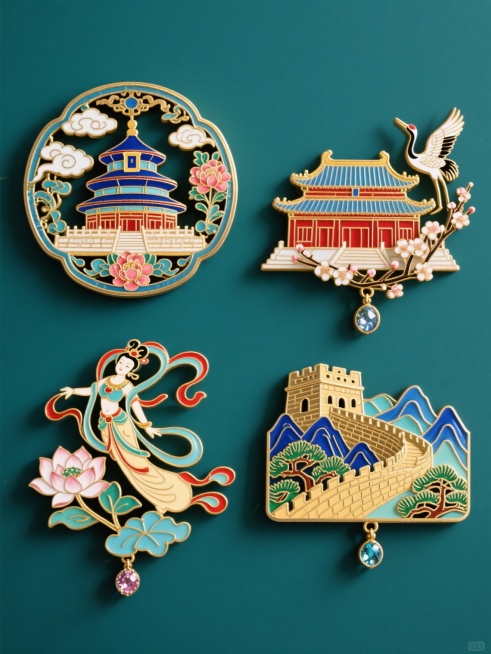 中国传统景泰蓝工艺风格系列冰箱贴集合，纯色背景，保持原有的华丽金属边框、细腻珐琅釉彩质感、金色勾边和立体浮雕效果，包含四个完全不同造型的元素内容：第一个是天坛祈年殿搭配祥云和牡丹，第二个是故宫角楼与仙鹤和梅花，第三个是敦煌飞天神女伴飞天飘带和莲花，第四个是长城烽火台配山峦和青松，所有冰箱贴造型规整排布，每个都具有精致的镂空细节、丰富的色彩层次（以深蓝、朱红、金色为主色调）和底部悬挂的宝石吊坠装……预览效果