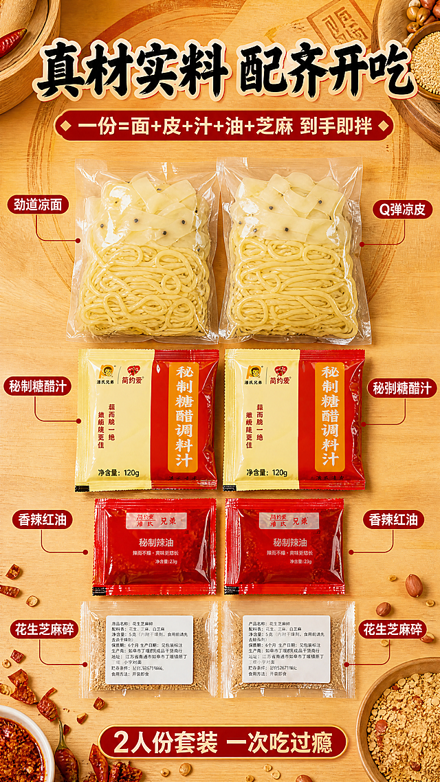 [商品] 使用【图1】全部料包作为主展示；保留2份真空包装凉面+凉皮（透明袋、淡黄色面身、带黑芝麻点缀）、2份秘制糖醋调料汁（黄+红包装袋，'简约爱/潘氏兄弟'Logo，120g）、2份秘制辣油（红色小袋，23g）、2份花生芝麻碎（透明小袋+白色标签）的真实包装形态、文字、颜色与结构；商品处理：包装平整挺括，文字清晰，袋身有自然高光，体现真空包装质感。
[画面] 页面目标：成分/料包全家福专张，突出真材实料、配齐即食；构图骨架：中心对称式，中间大标题，下方料包整齐阵列铺开，左右对称；主体占画面70%；景别：俯拍中景；阅读动线：从上到下；前中后景：前景芝麻辣椒碎散落、中景各料包平铺排列、后景暖黄浅木纹桌面。
[视觉] 套系策略：风格=国潮市井风+老字号烟火气，暖黄色调高食欲商业摄影；标题字=粗黑体带轻微毛笔质感，醒目有力；正文字=圆润无衬线体，移动端清晰可读；主色=暖土黄；背景延展=暖土黄做深浅渐变、同色圆环层次、细腻纸张/木纹质感；强调色=正红色，用于小面积标签、图标、引线和价格底纹；标题色=米白字+红描边；正文色=深棕褐色；组件=圆角红底白字胶囊标签、爆炸贴卖点框、细线引线；光影=左前侧暖柔光，面身有高光，碗边有投影，整体温暖明亮。
[文字] 顶部主标题'真材实料 配齐开吃'，副标题'一份=面+皮+汁+油+芝麻 到手即拌'；每个料包旁用细线引线标注名称：'劲道凉面''Q弹凉皮''秘制糖醋汁''香辣红油''花生芝麻碎'；底部红底白字胶囊'2人份套装 一次吃过瘾'；文字均横排，不遮挡包装主体文字。
[规格] 图片比例9:16竖版，4K分辨率，负向提示：避免冷蓝/冷灰背景、包装文字错乱、料包数量缺失、变形、文字过小、蚂蚁字、错字、模糊、水印、二维码、绝对化用语。