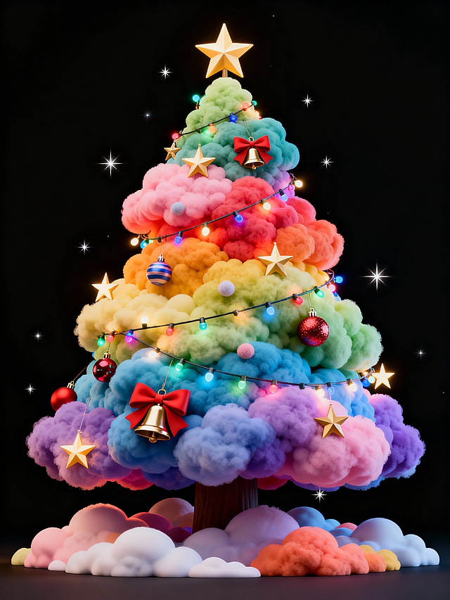 梦幻3D圣诞树，彩虹云朵质感，毛发生长风渲染，软萌膨胀造型，点缀星光与彩灯，营造可爱喜庆的虚拟自然节日氛围。