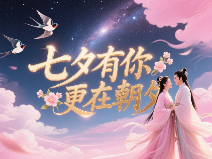 横向金色文字"七夕有你 更在朝夕"。创意字体设计点缀两只喜鹊、花朵元素，线条流畅，高级感，粉色背景，高纯度配色。中国古代传统风格，古风情侣身着飘逸古装，深情对视，背景是银河，云朵，喜鹊在空中飞翔，画面预览效果