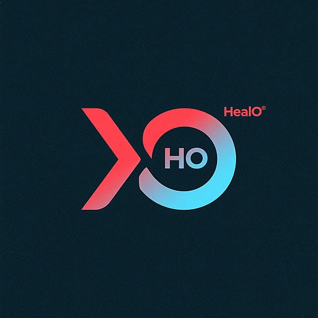 logo设计，参考ShopXO的XO渐变风格，右上角角标为“HealO”，正中为“HO”字母组合，正红色与天蓝色渐变，简洁现代，线条流畅，透明背景