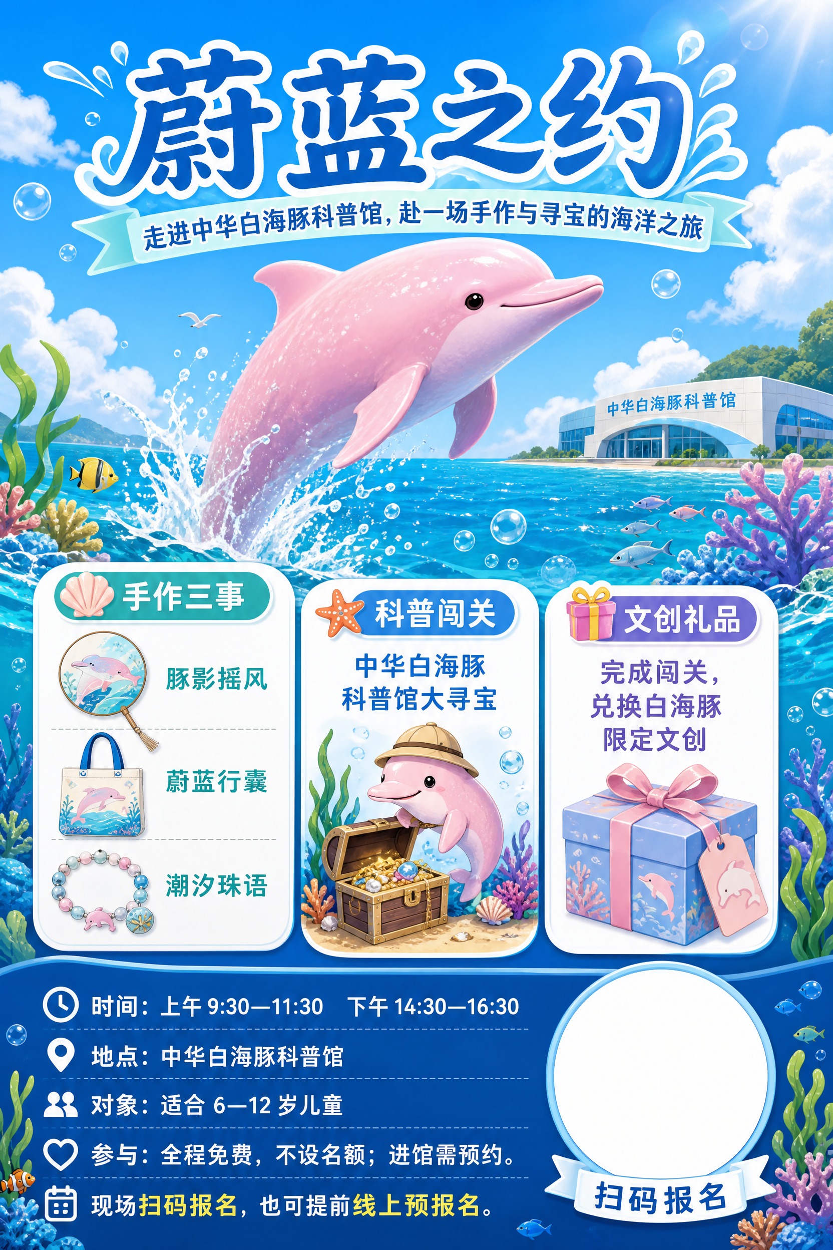一张60x90cm竖版的中华白海豚科普馆活动宣传展板，海洋科普… - 图片创意预览