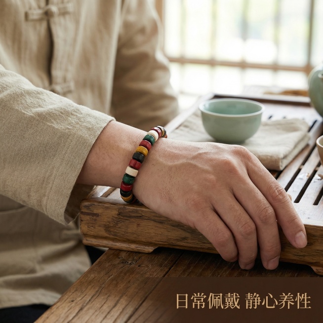[主图 4] 五行真气手串佩戴展示场景图
[氛围/风格] 自然真实，生活化国风，简约大气
[画面元素] 手串佩戴在一只成年男性左手手腕上，男性身着素色棉麻禅意衬衫，手部自然放松搭在原木茶盘边缘，背景是预览效果