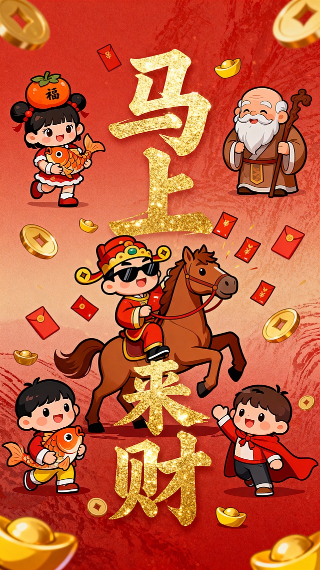 国潮风卡通设计，融合剪纸与鎏金元素，大字“马上来财”闪耀喜庆，童趣人物骑马送福，红包金元宝环绕，洋溢春节欢愉氛围。
