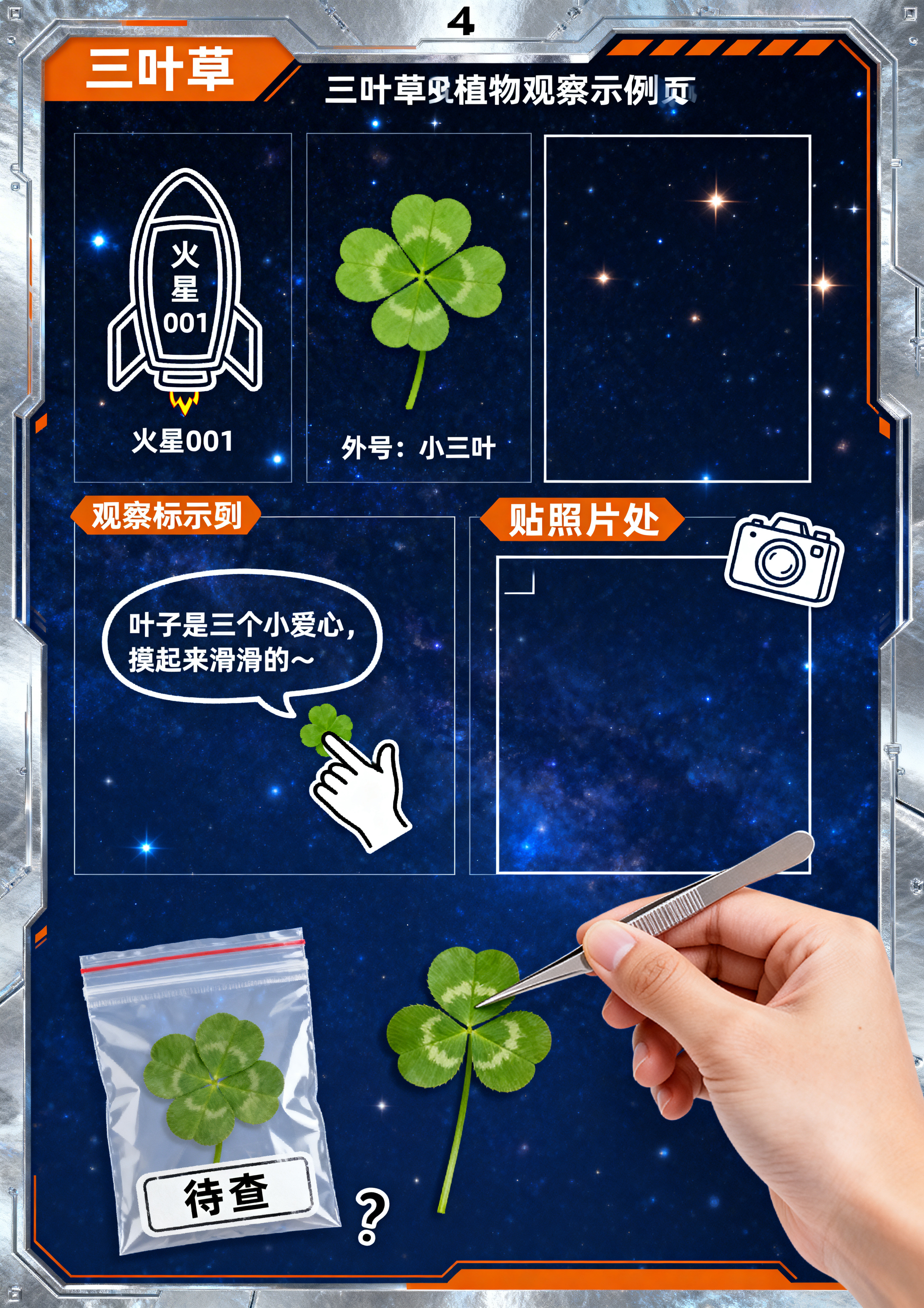 延续参考图深蓝星空+银橙科技童趣风格色系，A4尺寸设计三叶草植… - 图片创意预览