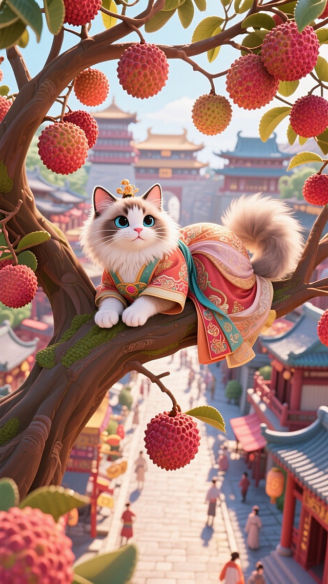 一棵结满荔枝的枝条垂下，荔枝很多呈硕果累累状态，形态可掬的波斯猫（华丽的造型，穿着杨贵妃的服装）趴在在荔枝树上，远景是唐代长安城，俯视构图