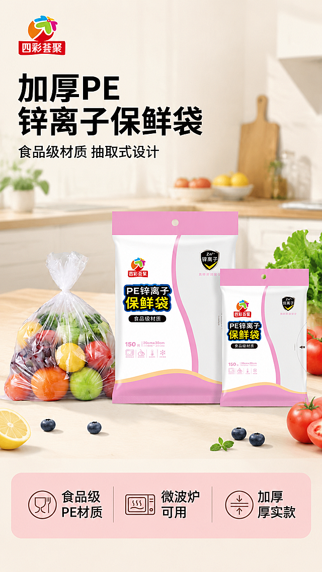 「图片1」，生成一套详情页，商品名称为PE锌离子保鲜袋，适配淘宝/天猫平台，单图比例为9:16，需求屏数为8张。