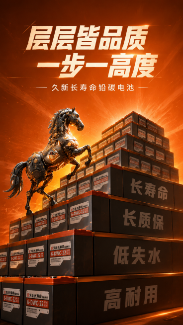 一张极具视觉冲击力的商业海报，呈现出「工业纪念碑」般的史诗感。画面核心是由电池组成的4.5级侧面视角的宽阔阶梯，每一级均由数十块「久新长寿命铅碳电池」（使用参考图1、2特点的电池：橙色顶盖灰色塑壳的长预览效果