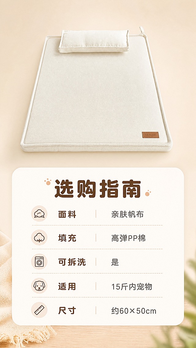 [商品] 使用【图1】米白色方形宠物床（带配套小枕头）；商品处理：保留方形结构、米白色面料、棕色皮质标签、枕头造型、包边缝线；产品正面平铺展示，清晰完整，不改变版型和颜色。
[画面] 目标：规格信息卡，清晰展示选购参数。构图：上方产品正面图占40%，下方圆角信息卡占60%。景别：产品中景。背景：浅米色渐变背景，简洁干净。阅读动线：从上到下，先看产品再看参数。
[视觉] 套系策略：风格=温馨治愈居家商业摄影；标题字=圆润粗黑体；正文字=简洁圆角无衬线体；主色=米白暖杏；背景延展=基于米白暖杏做深浅层级、同色渐变和细腻织物/木纹质感；强调色=浅奶茶棕，仅用于小面积图标、引线和标签；标题色=深暖棕；正文色=中暖灰；组件=圆角浅底信息卡、细线引线、软萌圆点装饰；光影=均匀柔光，产品清晰无阴影。
[文字] 信息卡内主标题「选购指南」，下方分栏列出：【面料】亲肤帆布 / 【填充】高弹PP棉 / 【可拆洗】是 / 【适用】15斤内宠物 / 【尺寸】约60×50cm。配小图标，文字横排，清晰易读。
[规格] 抖音9:16竖版，分辨率4K，负向提示：避免变形、错字、文字过小、冷蓝背景、产品颜色改变、参数模糊、极限词。