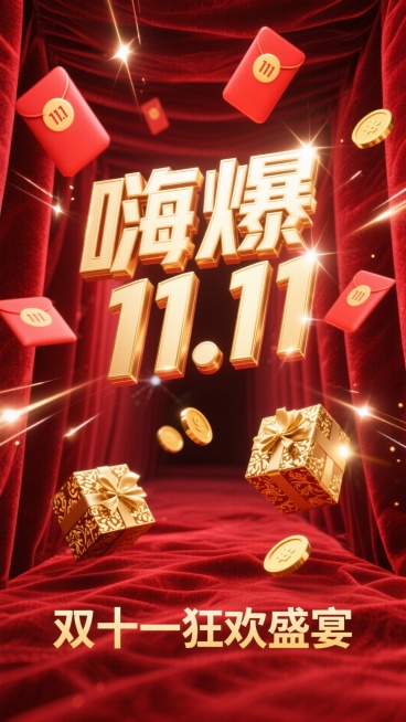 8K 超高清画质，画面以浓郁的红色作为背景主色调，仿佛是红丝绒质地，散发着奢华且热烈的光泽。醒目的标题 “嗨爆 11.11” 以立体金色大字呈现，字体边缘闪烁着光芒，极具视觉冲击力。红包如流星般从螺旋预览效果