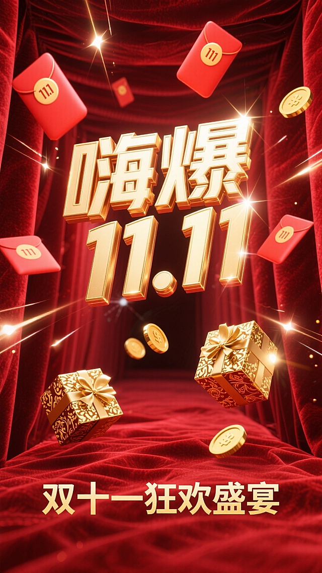 8K 超高清画质，画面以浓郁的红色作为背景主色调，仿佛是红丝绒质地，散发着奢华且热烈的光泽。醒目的标题 “嗨爆 11.11” 以立体金色大字呈现，字体边缘闪烁着光芒，极具视觉冲击力。红包如流星般从螺旋通道高速飞出，红包表面清晰印着 “11.11”，通过细腻的光影刻画，高光部分闪耀着金属质感，暗部则深邃神秘，凸显红包的立体感与动感。螺旋通道向远处的消失点延伸，通道内壁有着金属的光泽和纹理，营造出强烈的空间纵深感。通道内部有几个礼盒与金币不规则地漂浮着，礼盒包装精致，金色的花纹与红包相呼应，金币反射出耀眼的光芒，增添画面的华丽感。整体画面通过巧妙的光影运用，着重突出红包的主体地位，同时营造出神秘深邃的氛围。
