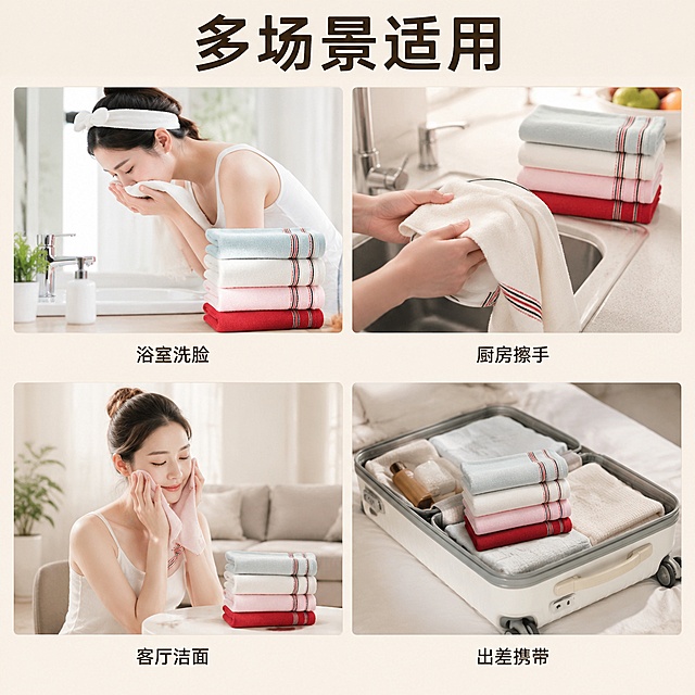 使用电商主图技能生成6张比例1:1的电商主图，适配平台为淘宝/天猫，商品为「图片1」，商品卖点为纯棉家用成人洗脸巾，吸水力MAX蓬松厚实/精梳工艺 甄选新疆原生棉/精致锁边走线紧密，紧实耐用