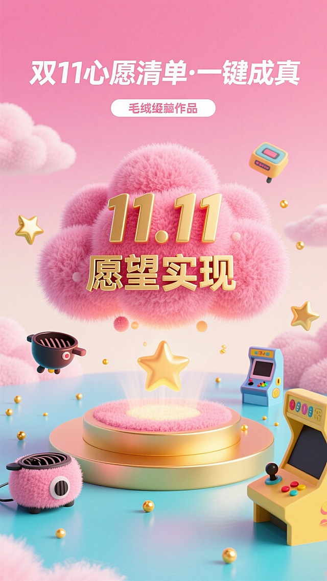 梦幻粉嫩背景，毛绒云朵与3D卡通家电环绕，软萌体积感十足，金色星星点缀，双11愿望实现主题，可爱甜蜜趣味满溢。