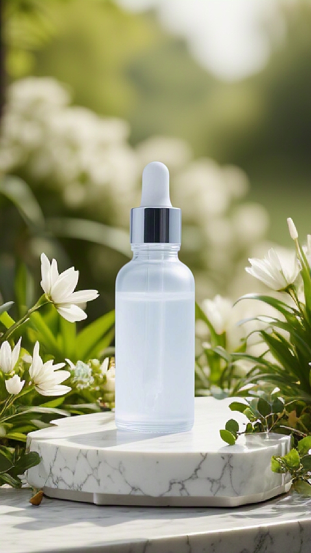 画面中心是产品在大理石板上，周围点缀着自然的植物，背景为虚化柔和的户外风景。整体构图充满自然气息