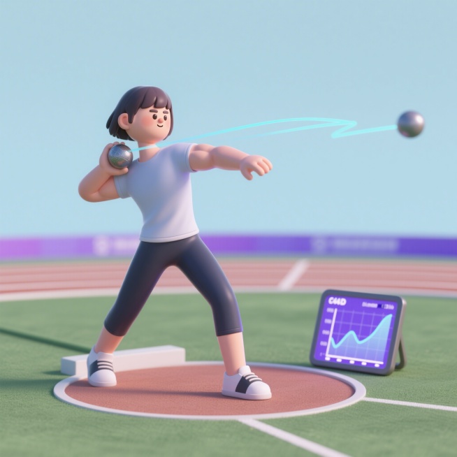 趣味3D插画风格，C4D渲染，OC渲染，Blender建模，柔软光线，马卡龙色系，极简纯色背景，泡泡玛特盲盒质感，光滑黏土材质，影棚打光，8k分辨率，超细节，人物居中半身，场景在田径场投掷区，一位均衡预览效果