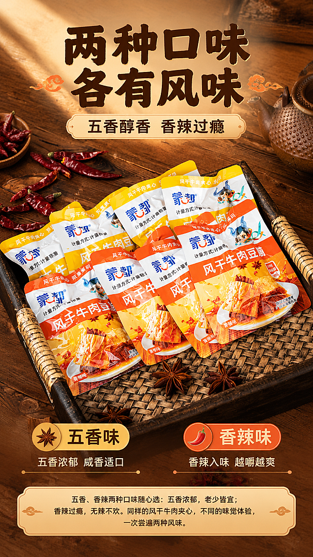 [商品] 使用【图5】蒙都风干牛肉豆脯多包整齐排列，前排橙色香辣味、后排黄色五香味，数包平铺斜向排列在带编织纹理的深色木托盘上，包装正面完整展示'蒙都'Logo、'风干牛肉豆脯'品名、口味标签和'牛肉添加量≥52%'标识；严格保留原图中产品的颜色、形状、包装纹理、文字内容和排列角度。
[画面] 双口味对比页，竖版9:16，画面中部保留原图双口味包装整齐斜排的构图，保留编织木托盘、干辣椒、八角、茶壶道具，向上延展增加顶部排版空间，底部留出信息区域。产品占画面约45%，突出双口味选择。
[视觉] 套系策略：风格=中式原木暖棕调高级美食摄影；标题字=粗黑体厚重有力；正文字=简洁黑体；主色=暖棕橙黄；背景延展=基于暖棕木色做深浅层级、同色渐变和细腻木纹/竹编质感；强调色=双口味色，仅用于小面积图标、引线和标签；标题色=深棕黑；正文色=暖深棕；组件=圆角浅棕信息卡、细线引线；光影=左前侧暖柔光，右侧柔和阴影。
[文字] 上部主标题「两种口味 各有风味」（8字），副标题「五香醇香 香辣过瘾」（8字）；中间两排包装下方各对应口味标签：「五香味」配「五香浓郁 咸香适口」，「香辣味」配「香辣入味 越嚼越爽」；底部信息区写「五香、香辣两种口味随心选：五香浓郁，老少皆宜；香辣过瘾，无辣不欢。同样的风干牛肉夹心，不同的味觉体验，一次尝遍两种风味。」所有文字横排，不遮挡产品主体。
[规格] 图片比例9:16竖版，4K分辨率，避免变形、错字、文字过小、冷蓝/冷灰背景、包装颜色改变、包装文字错乱。