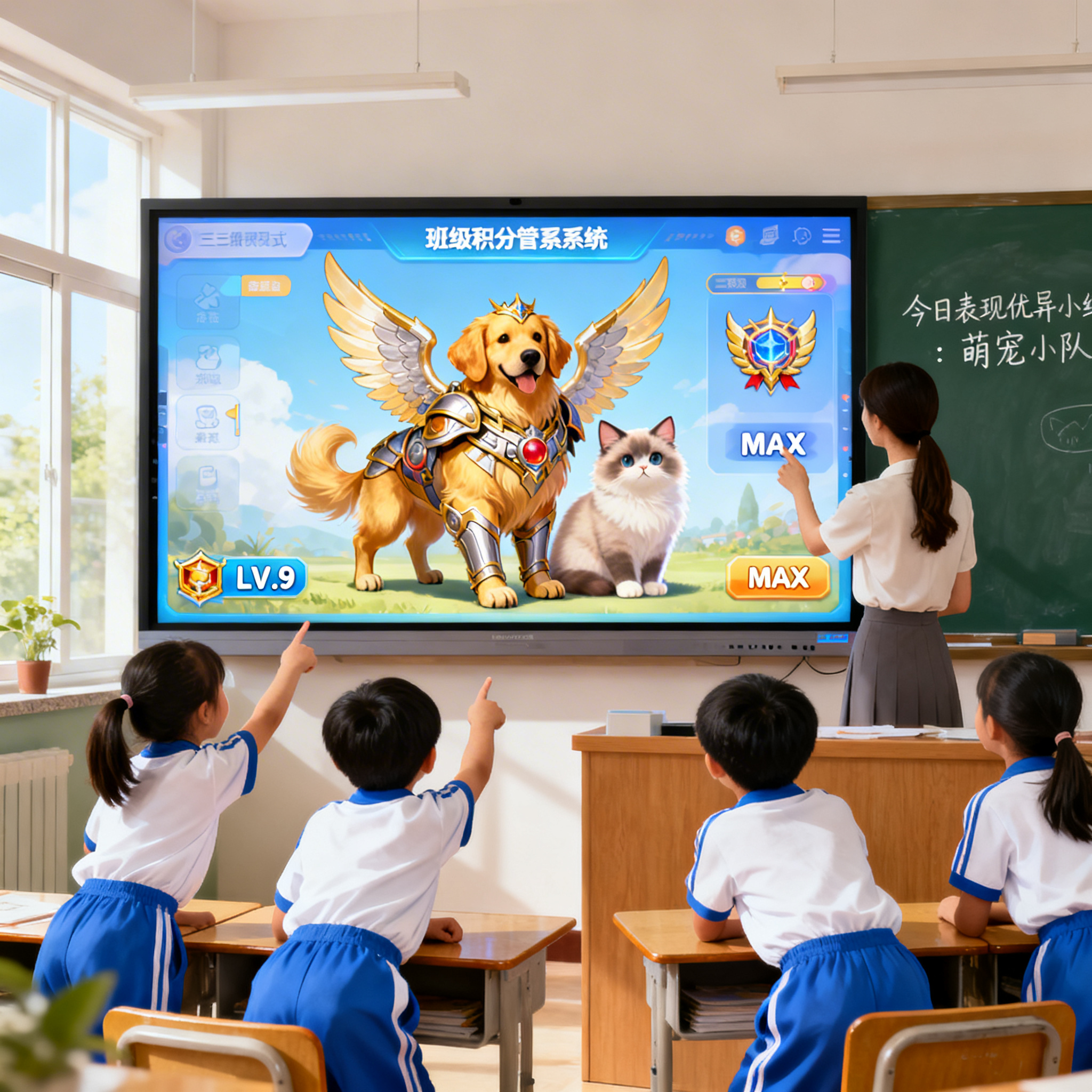 一间充满温馨氛围的小学三年级教室，前方大尺寸教学一体机交互式白… - 图片创意预览