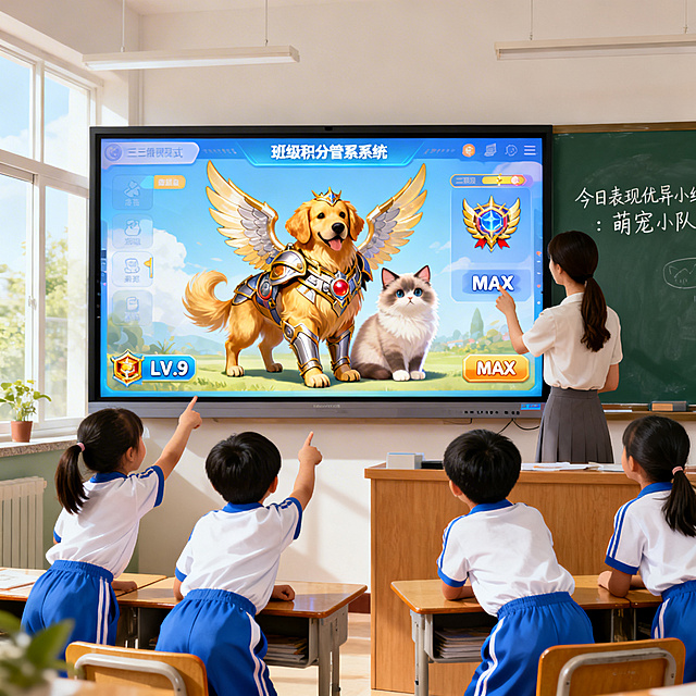 一间充满温馨氛围的小学三年级教室，前方大尺寸教学一体机交互式白板是视觉焦点，屏幕上展示着班级积分管理系统，画面中心是带翅膀和盔甲的华丽进化形态金毛寻回犬与布偶猫，旁边有醒目的"LV.9"和"MAX"等级标识。画面右侧，一位亲切的年轻女老师背影正在点选屏幕，讲台下几个穿着蓝白校服的三年级小学生背影出镜，正激动地指着屏幕身体前倾，表现出极高的参与度。黑板一角写着"今日表现优异小组：萌宠小队"，教室窗外透进明亮的自然光，整体色调清新高亮治愈