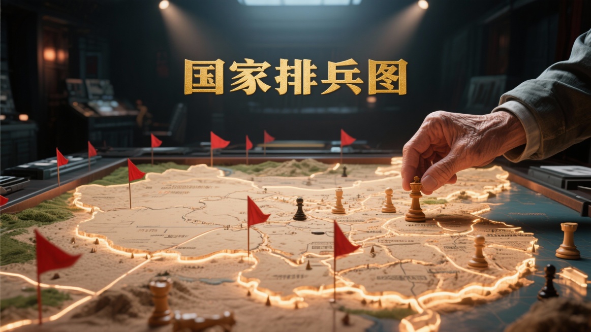 [image-电影大片质感，昏暗的作战指挥室。聚光灯打在一张巨大的、发着微光的3D中国地形沙盘上。沙盘上插满了红色的战略旗帜（代表风口产业），并有光线连接。一双苍老但有力的手（家长）正在沙盘上移动一枚预览效果