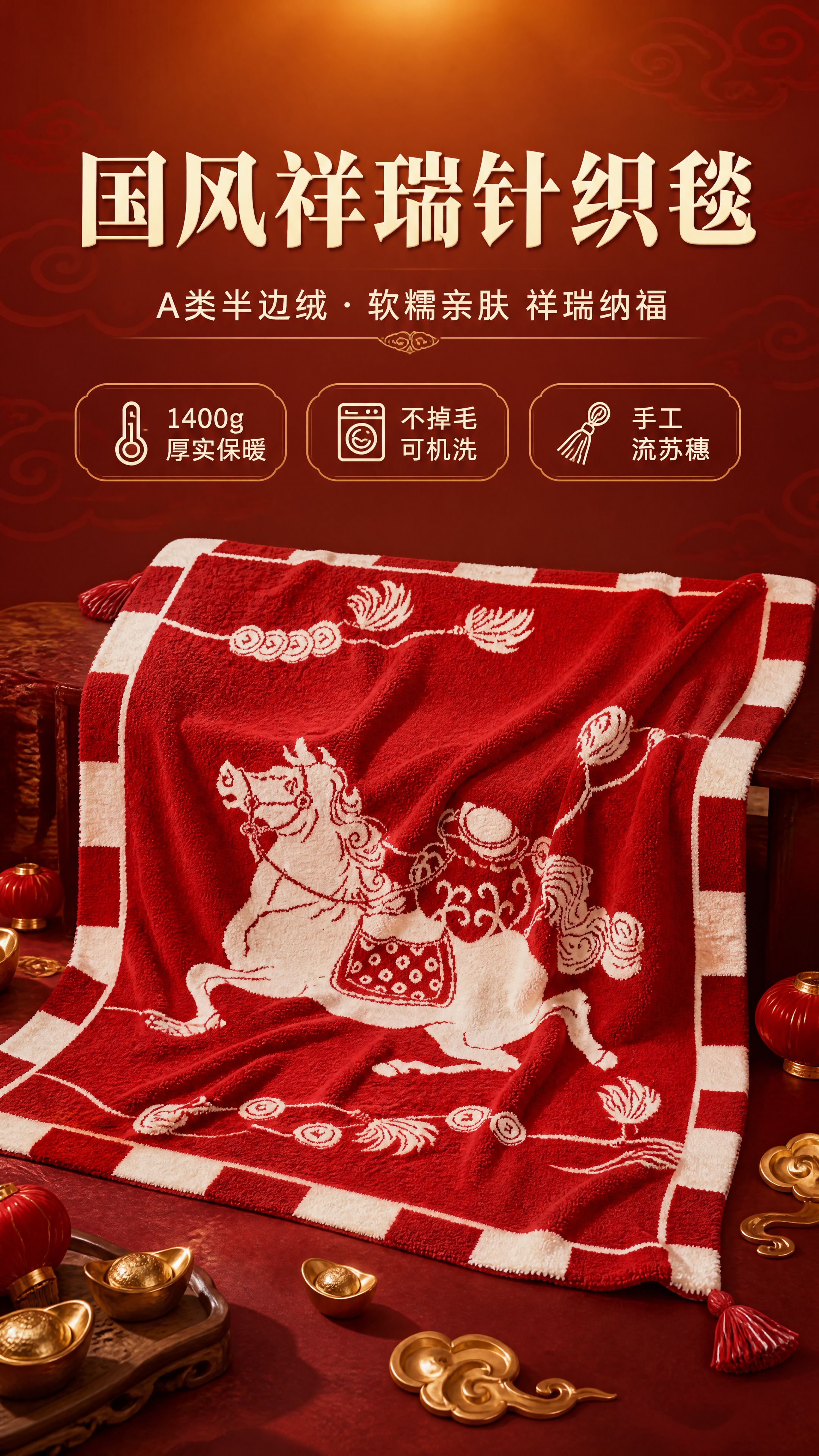 [商品] 使用【图1】A类半边绒国风祥瑞针织毯；商品处理：保留… - 图片创意预览