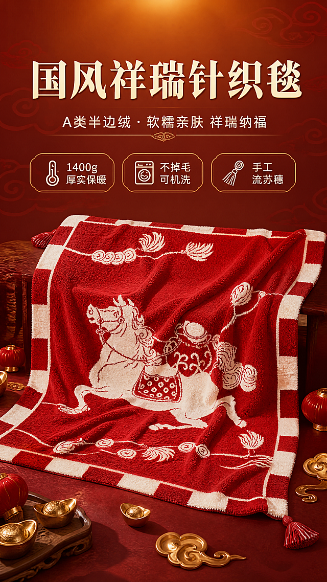 [商品] 使用【图1】A类半边绒国风祥瑞针织毯；商品处理：保留正红色底、米白色骏马驮宝图案、棋盘格边框、四角流苏穗的完整结构和颜色；保留半边绒软糯纹理质感，自然理顺毯面褶皱，增强面料蓬松感和针织纹理清晰度，不改变图案造型和颜色，无色差。
[画面] 第1张·氛围头图，目标突出国风祥瑞颜值与喜庆高级感。商品主角型构图，毯子居中偏下舒展铺展，占画面65%；前景散落金色祥云纹样装饰、红色小灯笼、古铜色小元宝等国风道具；中景毯子主体；背景为新中式暗红色渐变墙面，带隐约云纹暗底，顶部有暖金色光晕。三层视觉层次，阅读动线从上到下。
[视觉] 套系策略：风格=新中式国风喜庆高级商业摄影；标题字=宋体衬线粗体（国风韵味）；正文字=简洁无衬线中黑体；主色=中国红；背景延展=基于正红做深红渐变、暗红云纹底、同色系深浅层级；强调色=烫金（仅用于小面积图标、引线、装饰纹样和标题描边）；标题色=米白+烫金描边；正文色=米白色；组件=圆角金边信息卡、祥云纹样分割线、古风水印底纹；光影=左前侧暖柔光，顶部金色轮廓光，整体暖调喜庆。
[文字] 上方留白处放主标题「国风祥瑞针织毯」，副标题「A类半边绒 · 软糯亲肤 祥瑞纳福」，下方3个短卖点：「1400g厚实保暖」「不掉毛可机洗」「手工流苏穗」，文字横向排版，不遮挡毯子主体图案和流苏。
[规格] 图片比例9:16竖版，4K，负向提示：避免变形、色差、图案错乱、文字过小、冷蓝背景、毯子颜色改变、流苏缺失、图案失真、极限词。