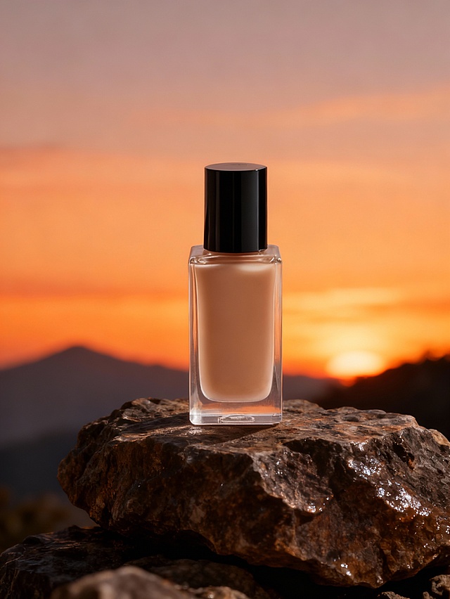 玻璃风3D质感瓶身置于岩石之上，落日余晖映衬出柔和光影，静谧唯美的自然场景中透出优雅时尚气息。