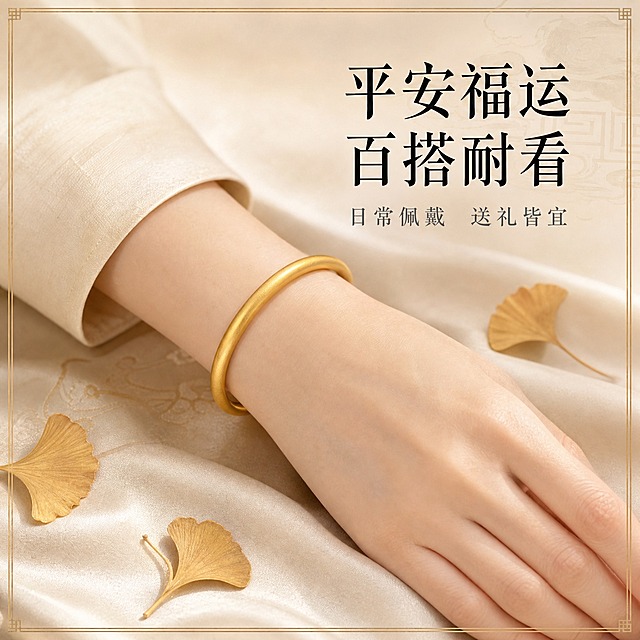 [主图-3] 古法平安福运手镯佩戴展示图，展示手镯佩戴在手腕上的效果与百搭气质，增强抖音用户代入感。
[统一基调] 国风雅致风格，背景为浅香槟米色柔和渐变，与前两张统一暖金米色系；主标题用书法感宋体黑色大字，副标题用灰色细体；整体柔光自然，氛围温婉雅致。
[画面] 一只女性白皙纤细的手腕（东方女性，25-35岁气质温婉）佩戴着古法黄金素圈手镯，手腕自然弯曲呈优雅姿态，手轻轻搭在浅米色丝绸布料上；手镯正好戴在手腕最细处，完整展示素圈手镯的佩戴比例和圆润形态，哑光金与肤色形成柔和对比；手腕旁散落2-3片金色银杏叶作为装饰，呼应国风主题；手镯佩戴效果自然真实，无悬浮感。
[光影质感] 自然光感的柔和侧光，皮肤质感细腻通透，黄金手镯哑光质感温润，边缘有柔和高光，整体光影自然柔和，有真实的皮肤与金属接触的阴影，佩戴效果真实自然。
[配色] 背景浅香槟米色，手镯黄金本色，皮肤自然白皙，文字黑色+灰色；整体色调温暖雅致，与前两张统一。
[文字版式] 画面右上角排版，主标题「平安福运 百搭耐看」为大号书法宋体黑色字；下方小字「日常佩戴 送礼皆宜」为灰色细体；文字放在右上角负空间，不遮挡手腕和手镯主体。
[输出要求] 1:1正方形比例，文字清晰，手镯佩戴效果真实自然，手部形态正常无畸形，质感高级，无变形无错字无模糊，无水印无平台Logo。