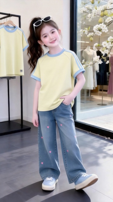 用图1短袖和牛仔裤替换掉图2的模特身上穿的衣服裤子和旁边衣架上挂着的衣服，保留原场景光影，保持图2的人物的五官和发饰不变，姿势不变，背景不变，图片宽高尺寸不变，保持图1的短袖和牛仔裤的款式和颜色不变预览效果