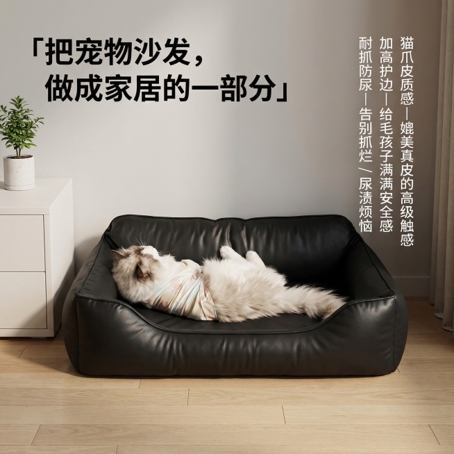 现代简约高级家居风格，暖调柔光，高级质感。黑色猫爪皮宠物沙发窝居中放置在浅原木色地板上，一只穿着浅彩色小衣服的布偶猫舒展躺卧在沙发中，姿态放松舒适。背景为简约卧室场景，浅灰色墙面，旁边有白色床头柜和小预览效果