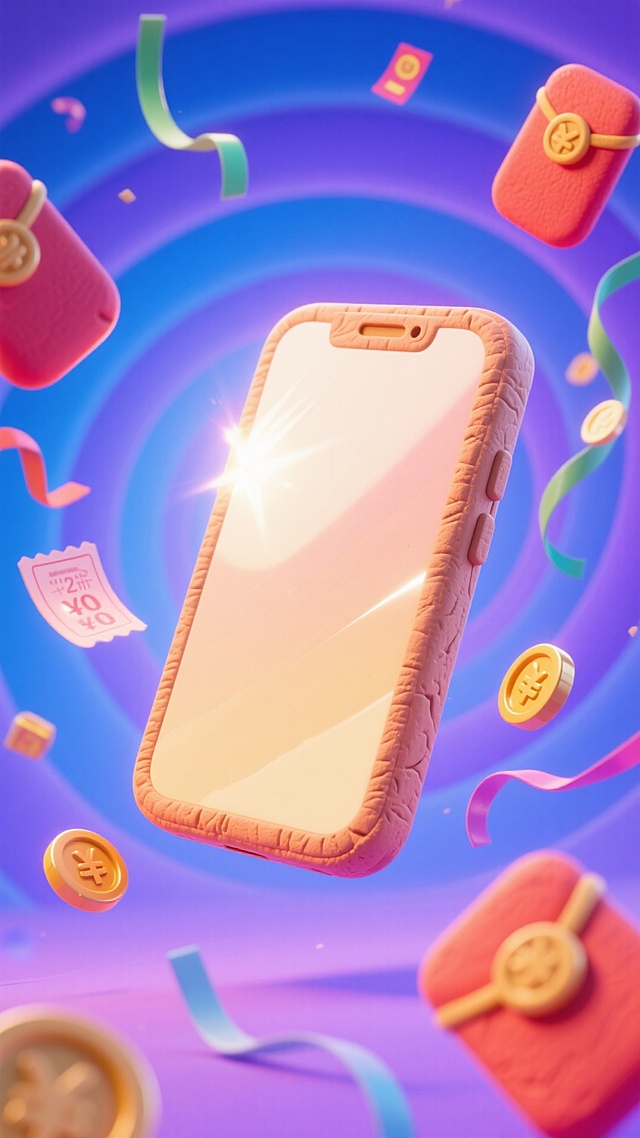 前景是一个大的手机悬空，背后散发着光芒，背景是一个节日漩涡，蓝紫渐变色的漩涡中有许多红包、金币、优惠券、彩带等。热闹氛围。