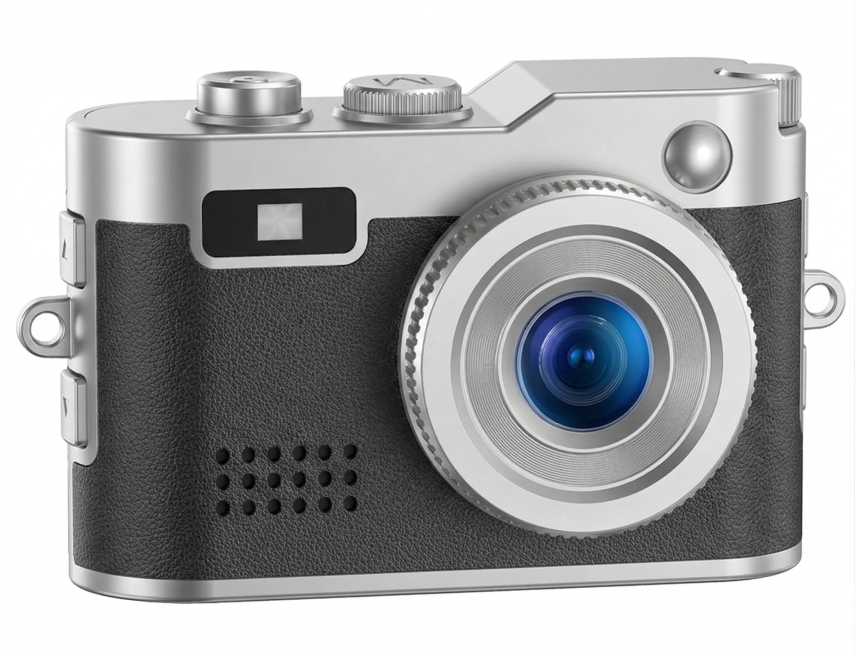 基于这台银黑复古旁轴相机的外观设计，生成它的正面视图，保留银色金属机身、黑色荔枝纹皮面、蓝色镀膜镜头、顶部按键、侧面调节键这些特征，纯白色背景，产品渲染图风格，质感写实预览效果