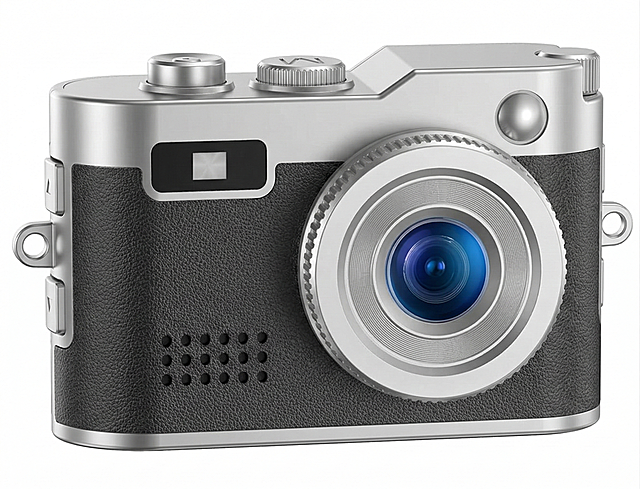 基于这台银黑复古旁轴相机的外观设计，生成它的正面视图，保留银色金属机身、黑色荔枝纹皮面、蓝色镀膜镜头、顶部按键、侧面调节键这些特征，纯白色背景，产品渲染图风格，质感写实