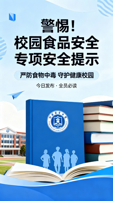 校园食品安全专项安全提示封面，风格简洁正式，蓝色为主色调，搭配校园元素，顶部醒目大字标题'警惕！校园食品安全专项安全提示'，副标题'严防食物中毒 守护健康校园'，底部标注'今日发布·全员必读'，整体清预览效果