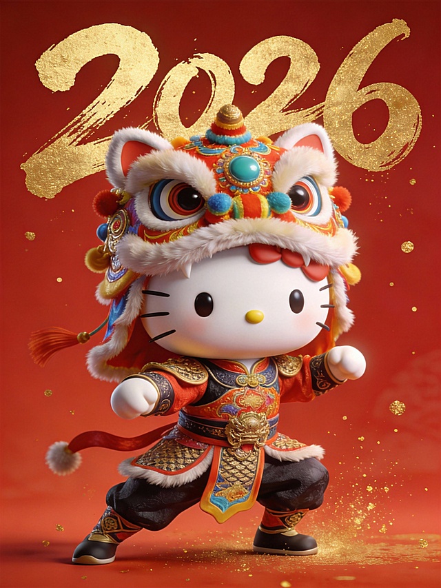3D，极致细节，大师作品，超高清，动态，治愈，搞笑，一只超萌的HelloKitty，头戴南粤醒狮狮头，身穿英歌舞服装，具史诗感，构图合理，高饱和色调，洒金点缀，融合后现代主义与浪漫古风，构图合理，呈现肌理质感。如真实写真，似经虚幻5引擎打造。背景鎏金毛笔字“2026”。