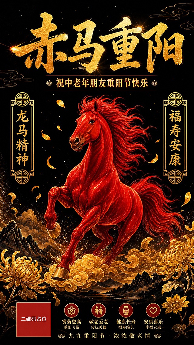 赤马重阳节祝福海报，竖版9:16构图。主色调为深邃黑色背景，配以赤红色骏马为核心视觉元素。一匹矫健的红色骏马昂首奔腾于画面中央偏下，马身赤红如火，鬃毛飞扬，充满力量感与动感。马蹄踏在金色祥云之上，周围环绕金色菊花花瓣飘落。画面上方为金色书法大字"赤马重阳"，字体苍劲有力，笔锋如刀，金色渐变带微光。主标题下方副标题"祝中老年朋友重阳节快乐"，赤金色宋体。画面两侧分布祝福短句："龙马精神""福寿安康"，配以传统回纹装饰。背景为纯黑底，点缀金色星点光芒和淡淡云纹，底部有远山剪影。整体风格黑金红配色，高端大气，力量感与节日祝福兼具。版式精美，层次分明，留白舒适。画面中所有信息区域必须填充完整合理的内容，不得出现空白框或占位。画面中所有二维码区域使用纯色方块占位符呈现，方块中央标注"二维码占位"文字，严禁生成任何可识别的二维码图案。超高清画质，2K分辨率。