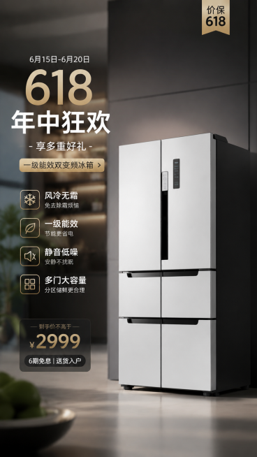 618商业营销海报，展示这款对开门冰箱，包含商品精简的信息图元素，高质感配色，f/2.8拍摄，柔和景深，照片写实风格，无畸变预览效果