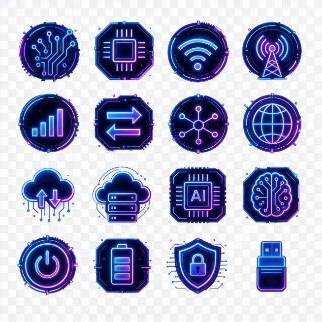 将这组科技风格小图标修改为透明背景，保留原有的科技发光效果和蓝紫色赛博风格，图标内容不变预览效果