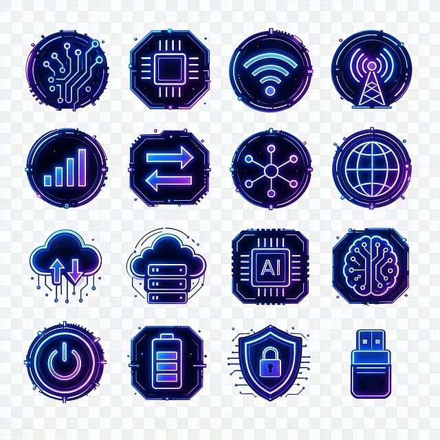 将这组科技风格小图标修改为透明背景，保留原有的科技发光效果和蓝紫色赛博风格，图标内容不变