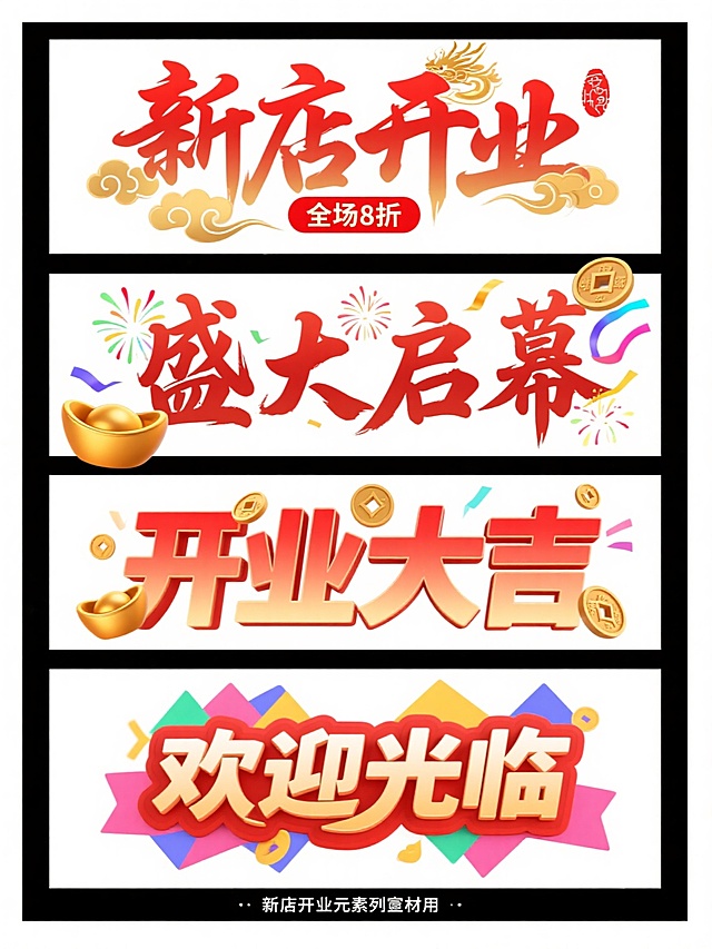 一组四个不同造型的新店开业元素系列素材集合，每个元素均保持中国风喜庆书法字体设计风格，主色调为红色与金色渐变，搭配彩色几何形状装饰元素，背景为纯白色。第一个元素是“新店开业”四字以龙腾祥云环绕的书法造型，搭配“全场8折”红色印章；第二个元素是“盛大启幕”书法字与金色礼花、彩带组合；第三个元素是“开业大吉”立体书法字与元宝、铜钱装饰；第四个元素是“欢迎光临”艺术字与剪彩仪式图案。四个元素呈田字格规整排布，整体视觉统一，喜庆氛围浓厚，适合新店开业宣传使用。