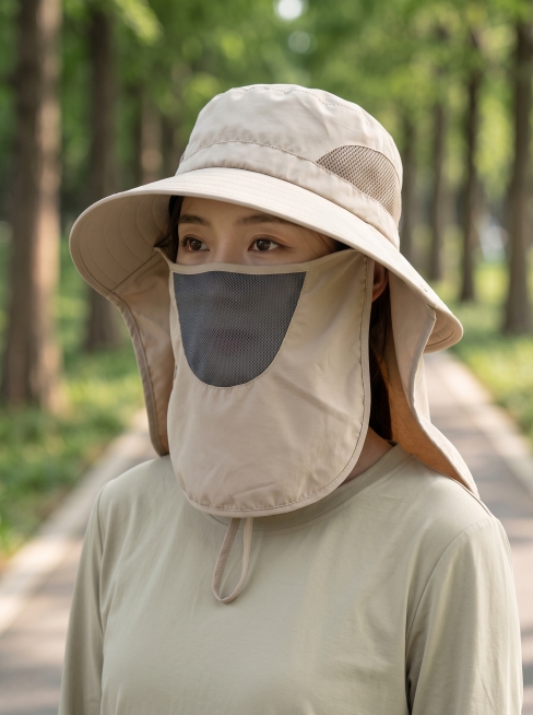 【主体保护指令】请保持参考图 1 中【遮阳帽子】的款式、颜色、材质、形态、品牌标识、细节纹理与原图一致，不做改动或再创作。画面其余元素（模特、场景、光影、构图）按后续描述生成。
画面整体为户外电商模特预览效果
